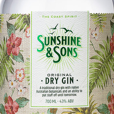 Sunshine & Sons Dry Gin custom label printing and embellishments